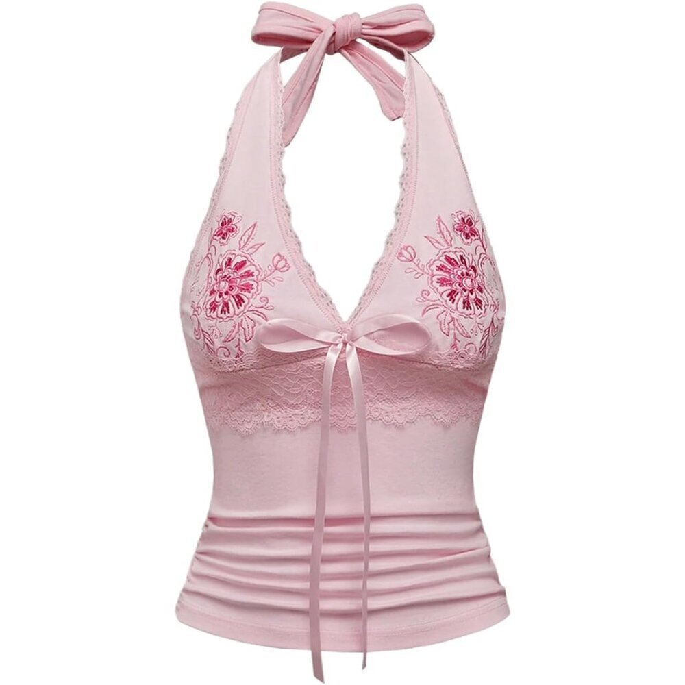Women's Floral Embroidery Lace Trim Sleeveless Halter Top Small Pink